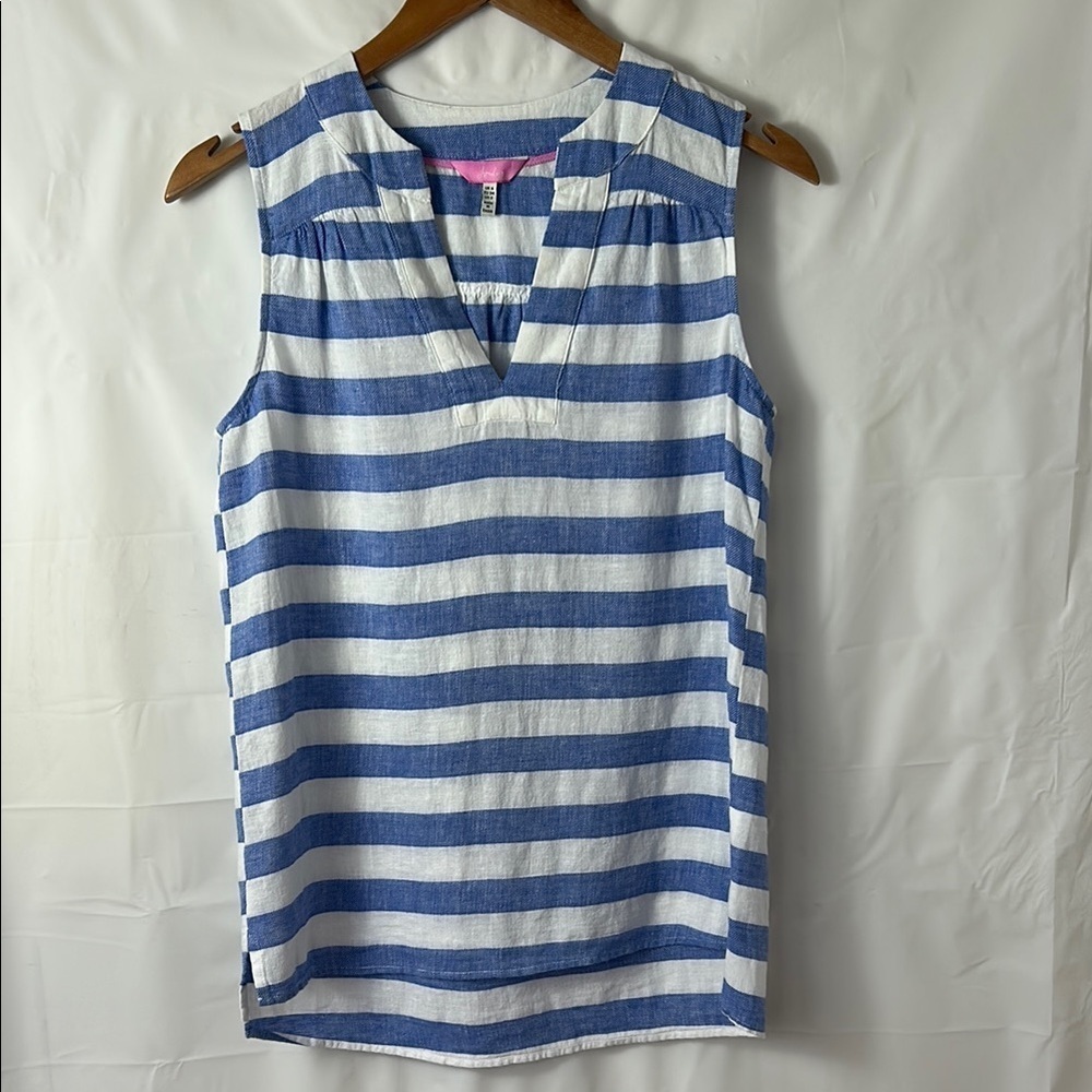 White and Blue Striped Tank Top with V-Neck women size US2 beachy nautical